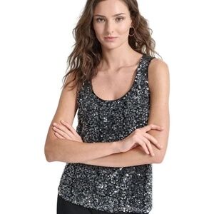 DKNY Sequined Scoop-Neck Sleeveless Tank Top Women's XL Black Pullover